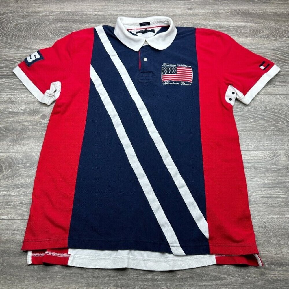 Tommy Hilfiger American Classics Flag Embroidered Polo Shirt Men's XXL RARE Y2K